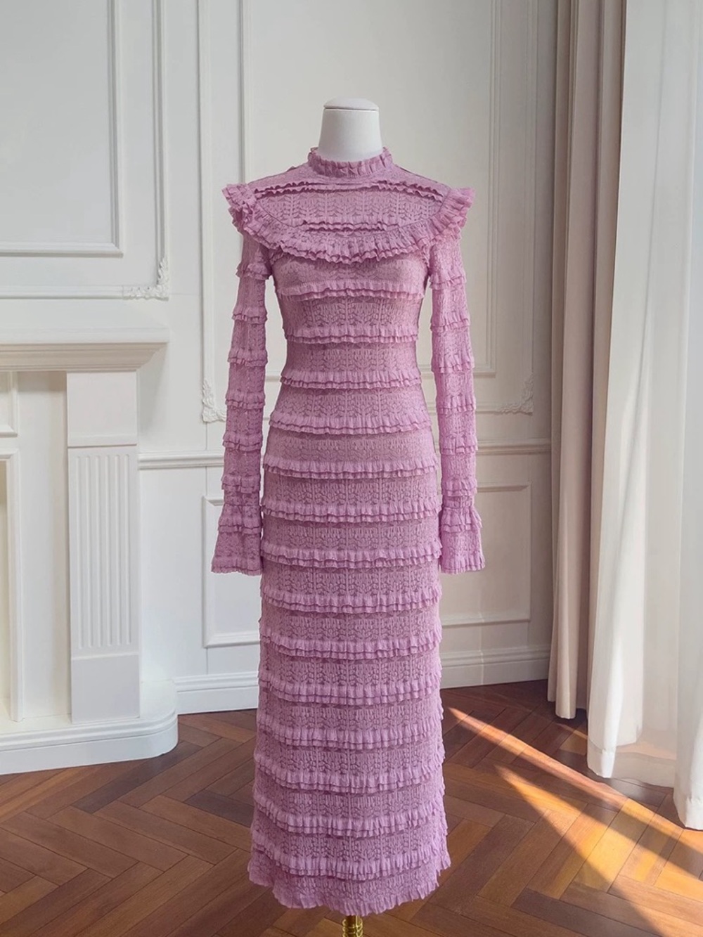 Pink Ruffled Knit Long Sleeve Midi Dress Victorian French Elegant Gown - Picture 4 of 16